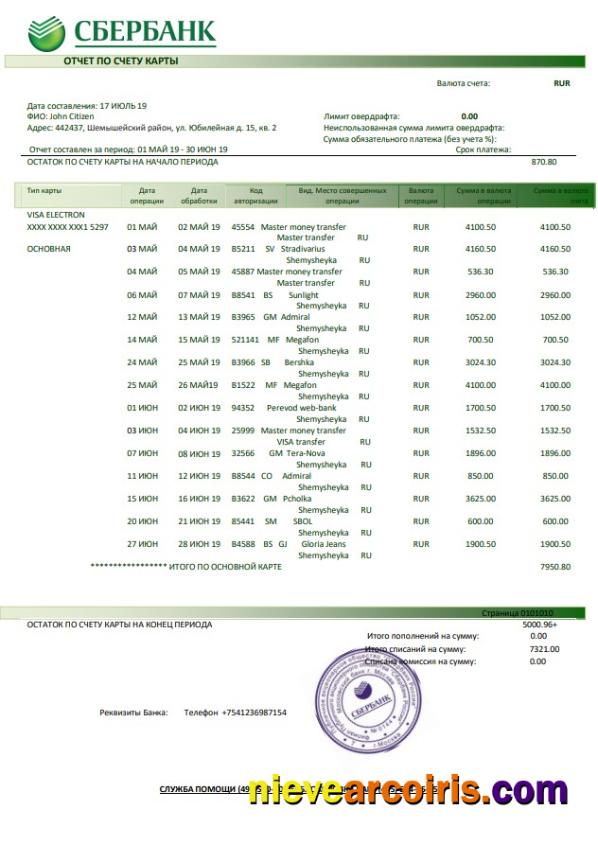 Russia Sberbank bank statement in Word and PDF format